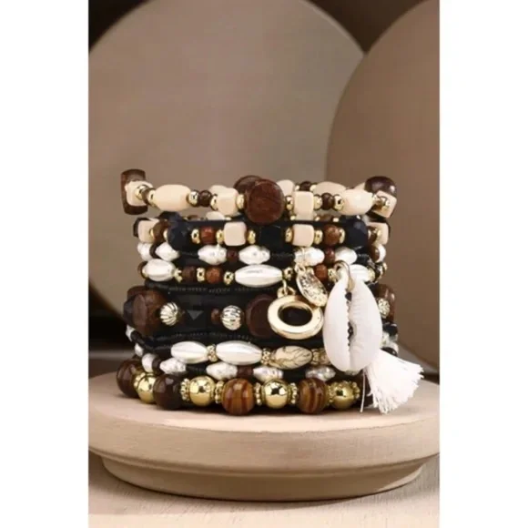 Brown 10 Layered Bohemian Stack Stretch Bracelet Set w/ Charms Cowrie Tassel - Picture 3 of 4